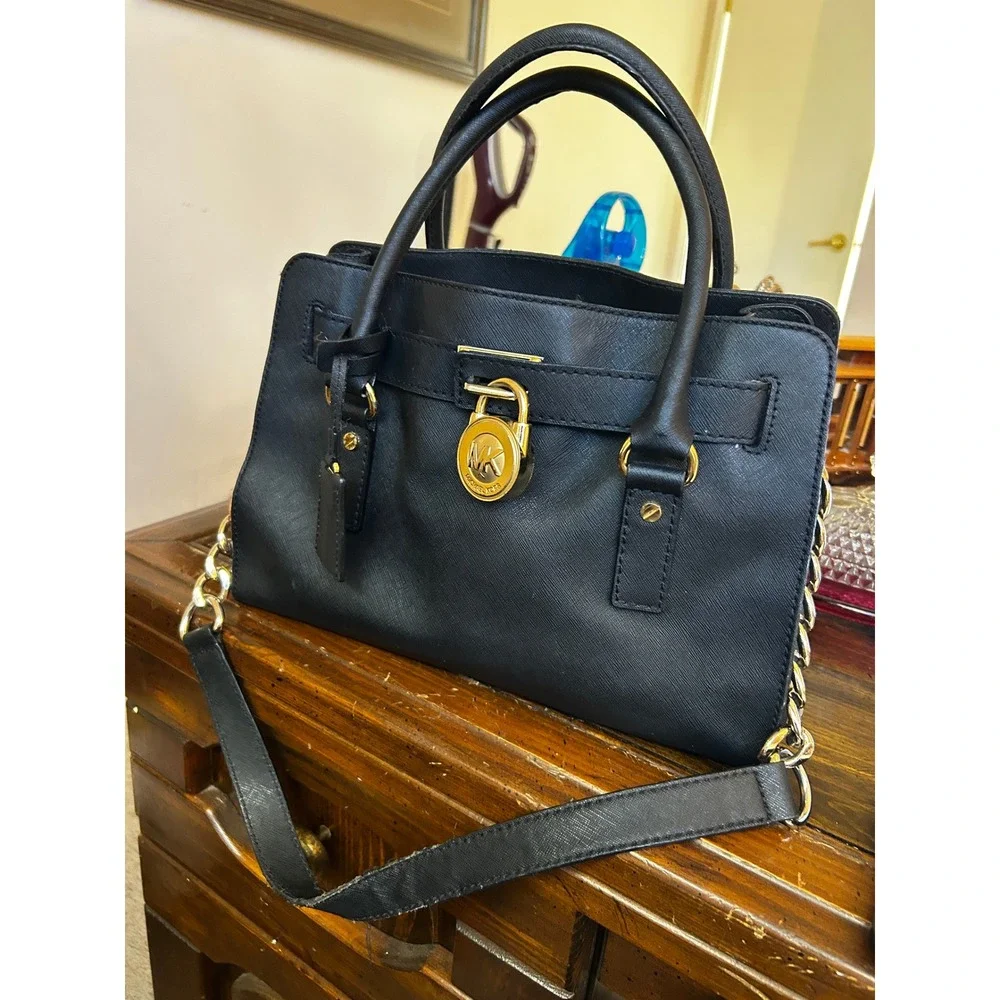 Michael Kors Hamilton Satchel Black Saffiano Leather Gold Padlock Handbag Bag